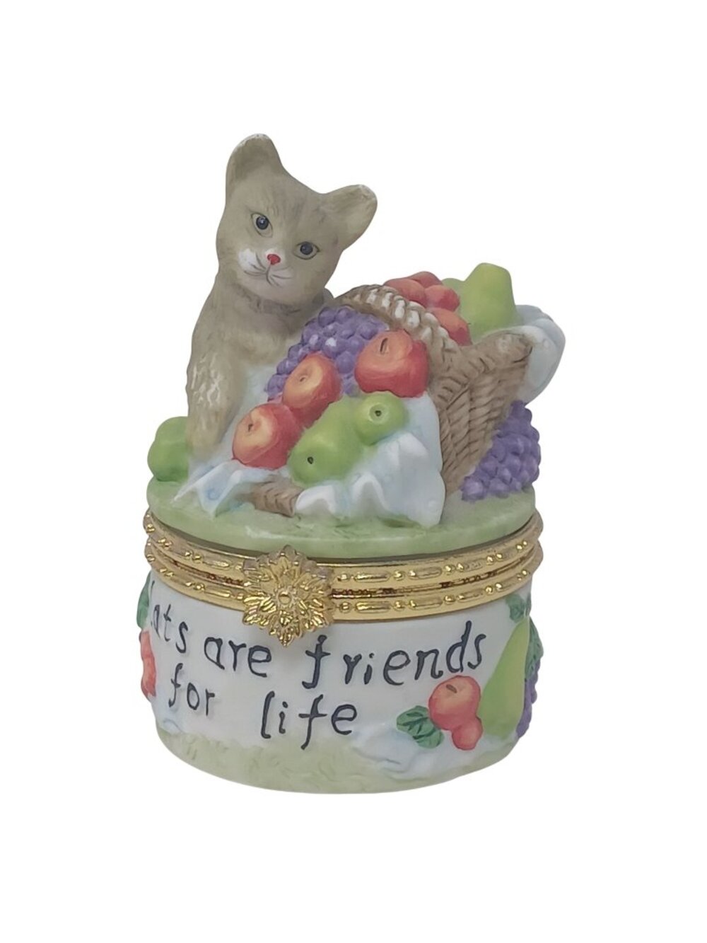 Cats Are Friends For Life Porcelain Trinket Box Fruit Basket Cat Figure 3.5" #S2